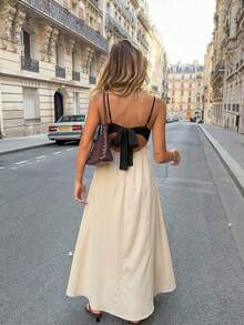 Pariaura 女士杏色和黑色撞色露背系带宽松连衣裙，适合休闲外出、度假、约会、通勤、下午茶、春夏穿着。 - 杏色 - 查看 2