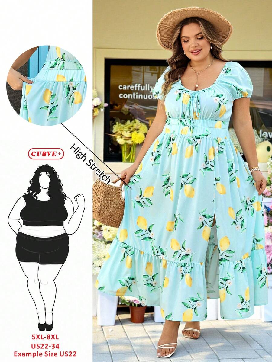 SHEIN CURVE+ Curve 尺码 US22 音乐节、海滨度假、波西米亚风女式水果印花开衩褶裥连衣裙