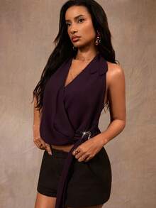 Opulessa Women's Solid Color Side Buckle Design Halter Neck Top,Summer Top - Purple - View 3