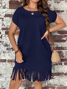EMERY ROSE Vestido casual de mujer talla grande de unicolor con hombros descubiertos, mangas cortas y dobladillo con flecos - Azul Marino - Ver 1