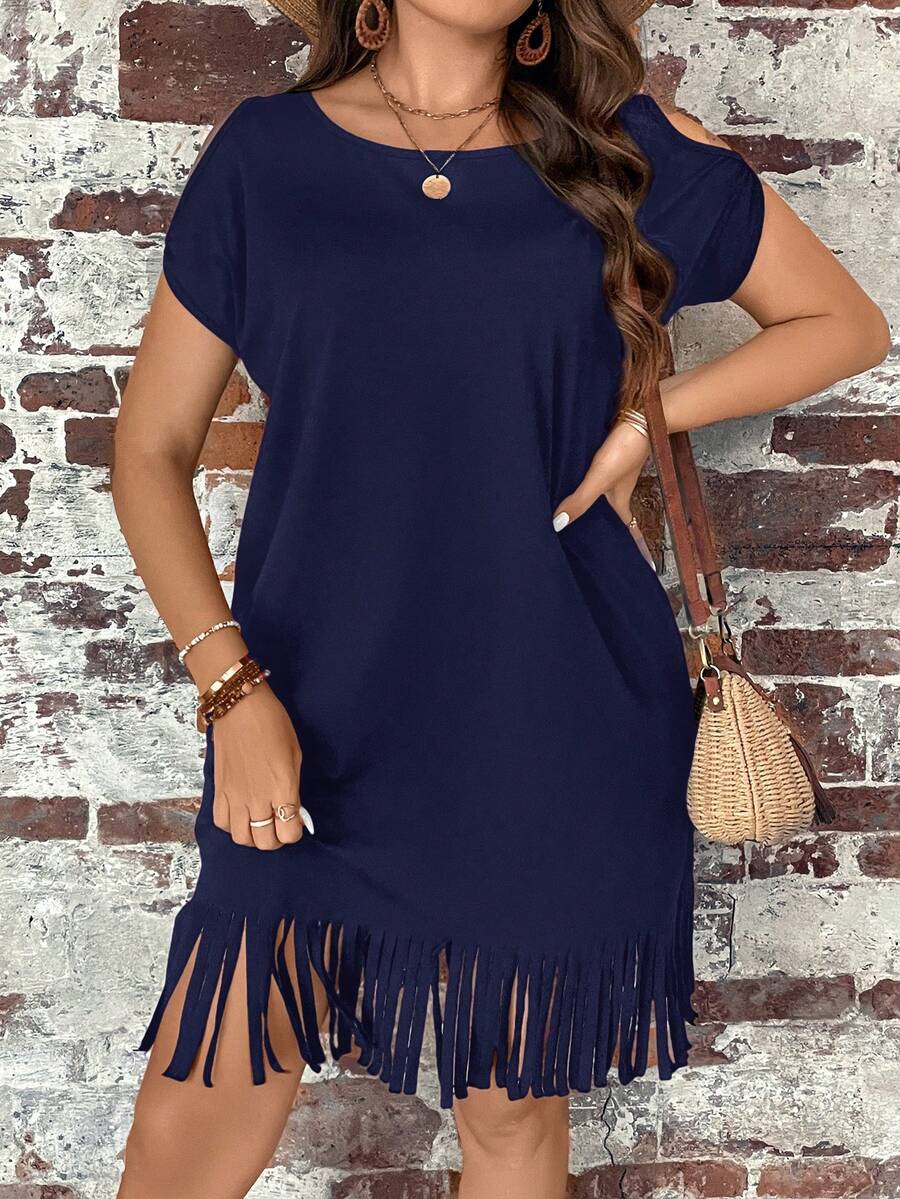 EMERY ROSE Vestido casual de mujer talla grande de unicolor con hombros descubiertos, mangas cortas y dobladillo con flecos - Azul Marino - Ver 1