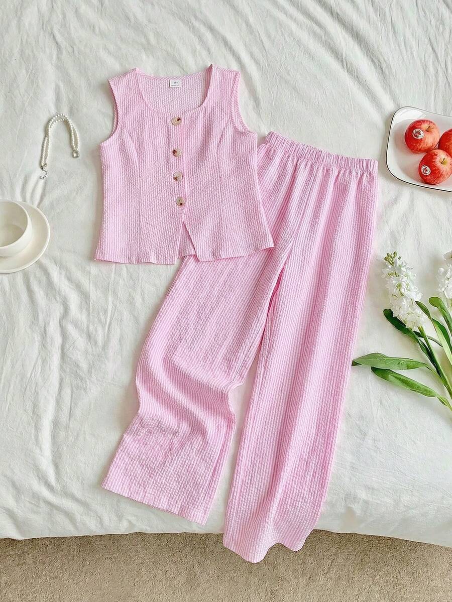 SHEIN 2pcs/Set Tween Girls Elegant Casual Square Neck Button Textured Striped Camisole Top And Loose Wide Leg Pants Set, Suitable For Daily, Commute, Casual, Vacation, Gathering With Friends, Party - Pink - View 1