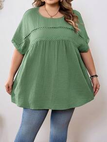 SHEIN CURVE+ 加大码 US22 音乐节、海滨度假、波西米亚风休闲纯色蝙蝠袖衬衫 夏季/乡村/海滩度假/沙滩装、夏季上衣 - 綠色 - 查看 3