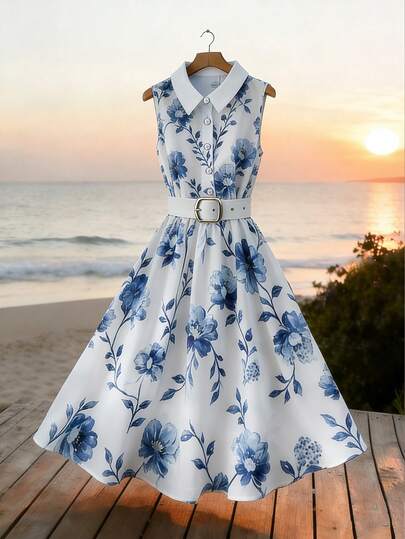 GlowEve Women's Spring/Summer Elegant Floral Print Shirt Collar Sleeveless Cinched Waist Waist A-Line Short Dress