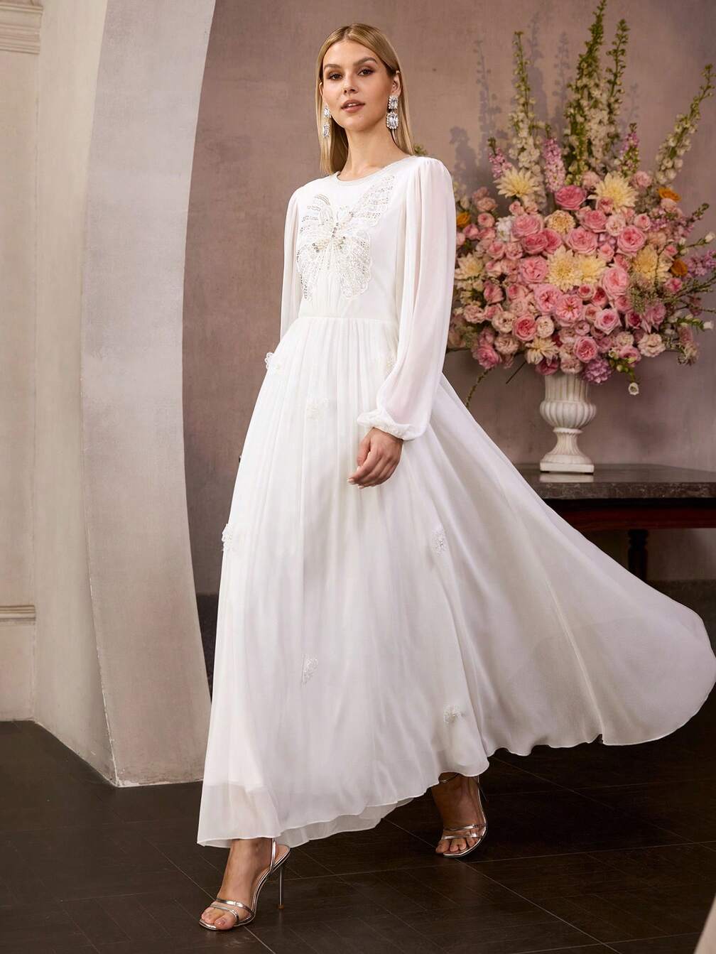 prom dress runway MOTF Soiréza WOMEN'S New White CHIFFON LONG SLEEVE ELASTIC WAIST LONG FORMAL PROM DRESS, HIGH-END BANQUET RUNWAY EVENING GOWN