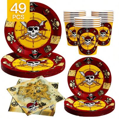 طقم أطباق وأكواب ومناديل ورقية للحفلات بتصميم رحلة القراصنة، يخدم 8 ضيوف. هذا الطقم الحفلات الاستهلاكي (يشمل الأطباق والمناديل والأكواب) مثالي لحفلات أعياد الميلاد والزفاف والنزهات العائلية.