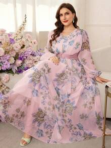 Modelyn 大码女式印花优雅收腰A字连衣裙 - 粉色 - 查看 6