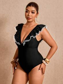 Elaquor Plus Size Ruffled One-Piece Swimsuit For Beach & Resort Plus Size Bathing Suits Women - Black - View 3