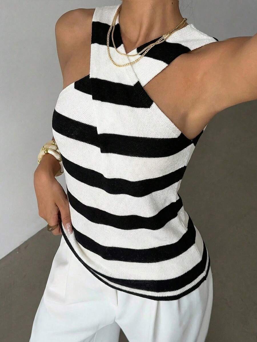 Selianne 休闲度假风黑白条纹交叉无袖不对称针织女式上衣，春夏款