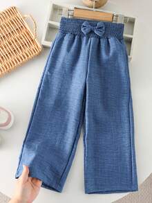 Genkimix Kids Quần dài thường ngày cho bé gái (size nhỏ) màu xanh dương, chất liệu vải, có dây rút ở eo, trang trí nơ 3D dễ thương. - Màu xanh lam - Xem 4