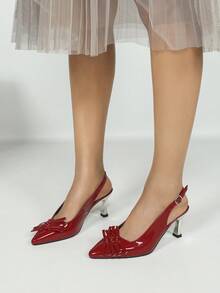 CUCCOO CHICEST Sapatos Femininos: Mini Laço Decorativo Bico Fino Salto Agulha Metalizado Prata, Sapatos Slingback de Couro Sintético Vermelhos Altos Elegantes e Únicos com Estilo Punk para Moda de Rua, Transporte, Festa de Natal e Ano Novo, Clima de Outono e Inverno - Vermelho - Visão 3