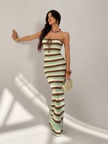 SHEIN Tall Đầm maxi cúp ngực ôm sát, đan móc, lãng mạn mùa hè, phối màu xuân/hè, dành cho nữ. - màu xanh lá - Xem 1