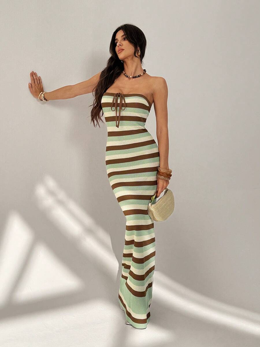 SHEIN Tall Đầm maxi cúp ngực ôm sát, đan móc, lãng mạn mùa hè, phối màu xuân/hè, dành cho nữ. - màu xanh lá - Xem 1