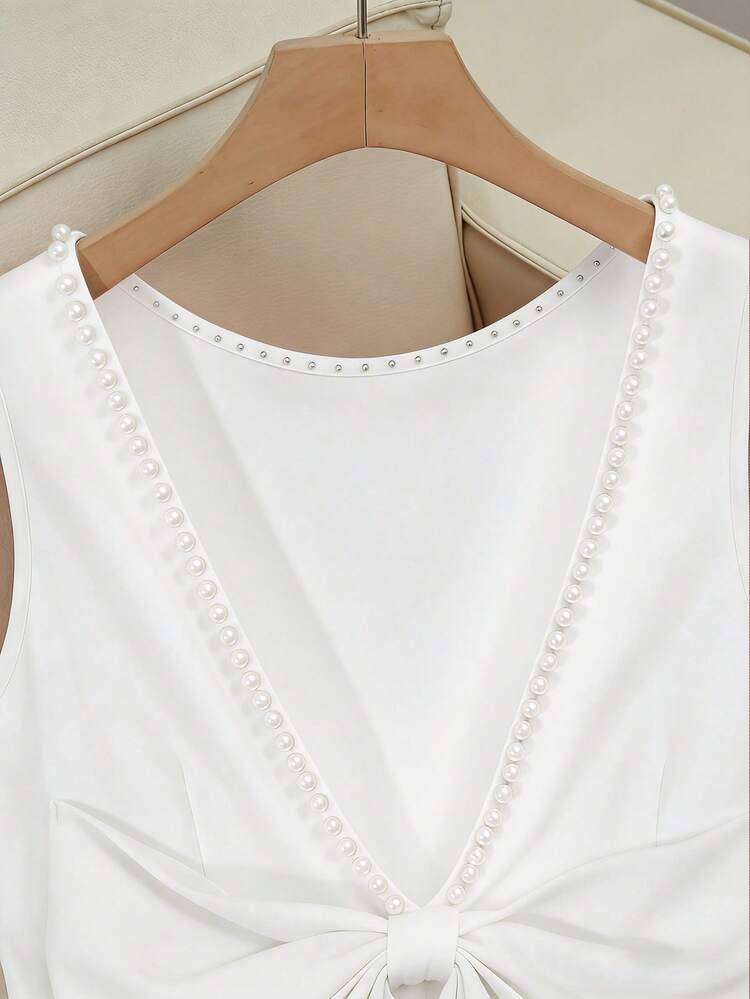 GlowEve Vestido sin mangas con lazo decorativo con cuentas y espalda descubierta para mujer en color rojo - Blanco - Añade 6