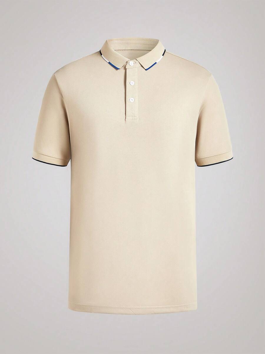 Officeau Men's Lightweight Business Casual Polo Shirt, Breathable Short Sleeve Collared Top, Fashion Business Style - Khaki - View 1