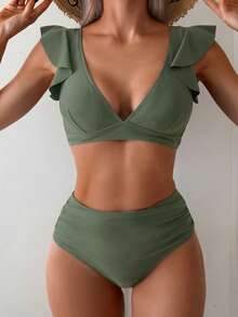 Swim Basics Women's Solid Color Swimwear Set For Vacation & Beach - Army Green - View 4