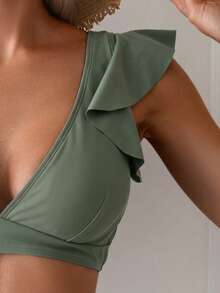 Swim Basics Women's Solid Color Swimwear Set For Vacation & Beach - Army Green - View 3