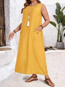 EMERY ROSE Plus Size Casual Solid Color Sleeveless Dress - Mustard Yellow - View 5