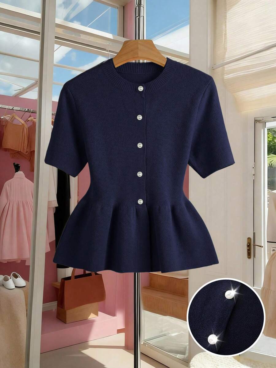 SHEIN Franclia 女士纯色圆领短袖单排扣休闲针织上衣 荷叶边上衣 女士短袖上衣 女士衬衫 荷叶边衬衫 - 寶藍色 - 查看 1