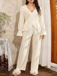 Côtesoire Women's Elegant Romantic Lace Ruffle Tie-Up Comfortable Casual White Pajama Set - Yellow - View 6