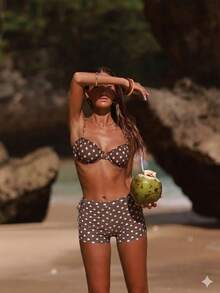 Swim Mod Bộ đồ bơi 3 món in chấm bi, có gọng, viền bèo nhún, kiểu dáng dễ thương, gồm quần bơi và quần đùi có dây rút bên hông. - Nhiều màu - Xem 10