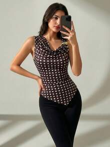 RiviMae 深V领性感金属扣腰部褶皱不对称金属装饰肩带无袖棕色波点连体衣 - 棕色 - 查看 1