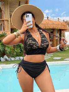 Swim Vcay 2026新款女士春夏露背抽绳侧边沙滩比基尼套装，大码 - 黑色 - 查看 5