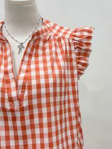 Linhara Blusa de cuello en V con pliegues y mangas cortas, a cuadros, para mujer de talla grande, de verano - Naranja - Ver 5