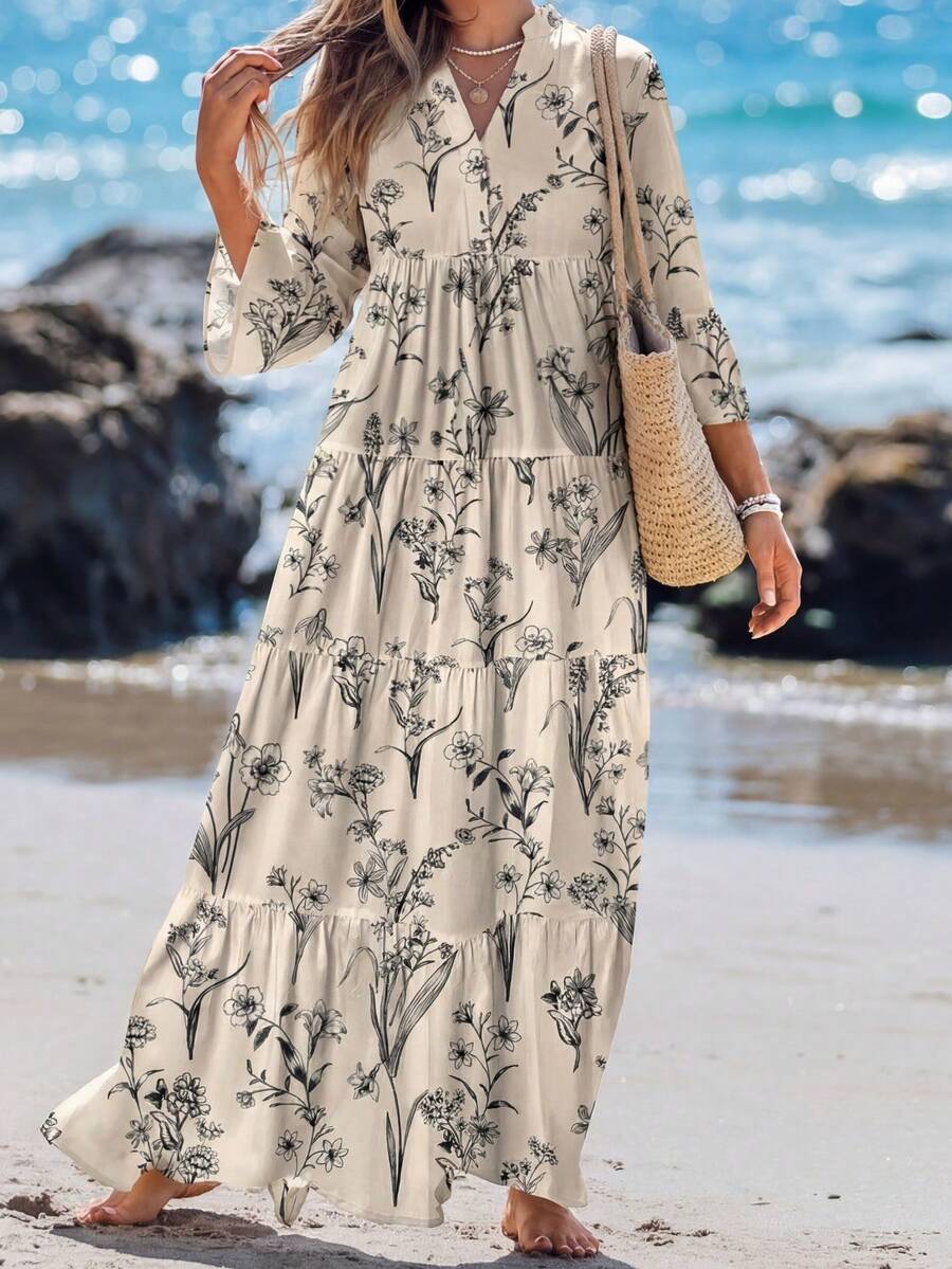 Sylviya Women's Watercolor Floral V-Neck Ruched Long Sleeve Dress, Suitable For Spring/Summer Summer Dresses For Women Autumn Boho Chic Dress - Beige - View 1
