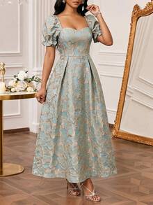 SHEIN Lady Women's Elegant Jacquard Petal Sleeve Ruched Waist Flared Hem Party Dress, Summer - Multicolor - View 4