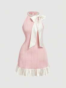 SHEIN MOD 女士蝴蝶结装饰时尚露背迷你连衣裙 - 粉色 - 查看 2