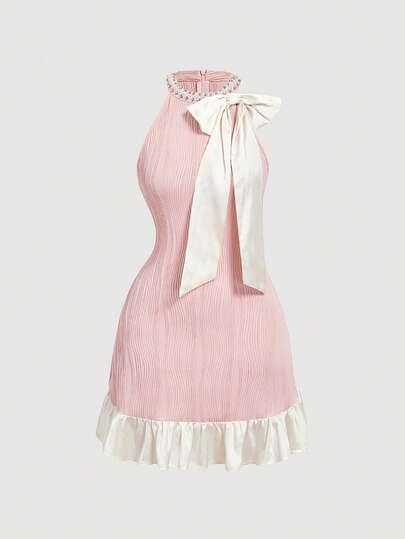 SHEIN MOD Pink Textured Slim Fit Dress With Elegant High Neck And Pearl Embellishments, Featuring A Large White Bow Accent On The Chest And Ruffled Hem For A Sweet Touch. Body-Hugging Silhouette Highlights Curves, Perfect For Evening Events, Parties, And Romantic Dates Beach Dresses Wedding Guest Dress For Women Wedding Party Dress Graduation Dress Vacation Outfits Women Holiday Dresses Country Concert Outfit