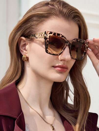 Leopard Print Boho Style Sunglasses For Men And Women, Retro Square Large Frame With Heart Decor Plastic Temples, Fashion Classic Style For Outdoor Travel Beach Vacation Casual Wear, Summer UV Protection Fashionable Shade Elegant Outfit Family Outings Travel Vacation Holiday For Summer Beach Vacation,Outdoor,Travel