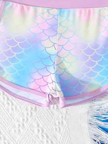 SHEIN 少女吊带比基尼上衣，美人鱼鳞片印花，时尚可爱，带拉链，适合度假，释放夏日风情 - 彩色 - 查看 6