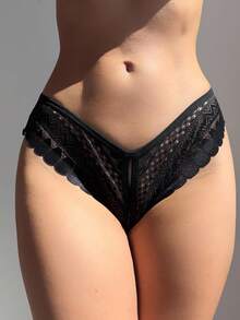 SHEIN Quần lót ren đen hở đáy với chi tiết chéo cho vẻ ngoài Quần lót ren đen khoét lỗ Quần lót lọt khe, Đi chơi - màu đen - Xem 3