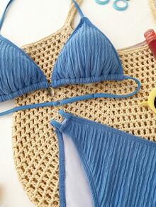 Bộ bikini hai dây tam giác hở lưng màu xanh dương trơn dành cho thiếu nữ, họa tiết vỏ sò, thích hợp mặc đi biển mùa hè. - Màu xanh lam - Xem 6