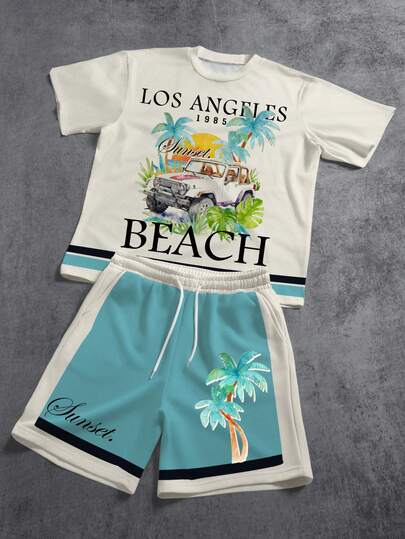 Manfinity ZONE917 Plus Size Men's Loose Casual Street Style Vacation Sports LA Beach Palm Tree Patchwork Contrast Color Print Short Sleeve T-Shirt And Shorts Set, Suitable For Summer, Essential For Dates And Gatherings, Great Gift For Boyfriend