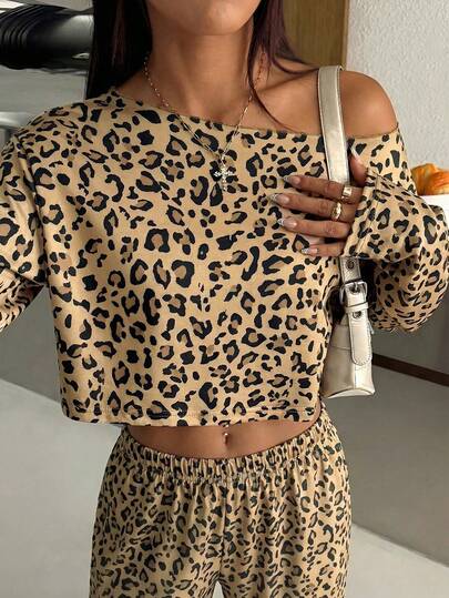 SHEIN EZwear Leopard Print Knit Asymmetric Collar Casual Long Sleeve Sweatshirt