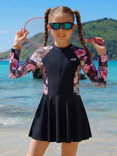 SHEIN Tween Girl One-Piece Swimsuit, Casual Black Floral Knit Long Sleeve Zip-Up Dress-Style Swimwear, Fashionable Elegant Ladylike, Suitable For Swimming, Summer Vacation, Beach, Pool, Holiday Party Long Sleeve Swimsuit Tween Tween Swimsuit Rashguard Girls Swimsuit Long Sleeve Rash Guard Tween Rashguard Swimsuit Long Sleeve Bathing Suit Girls Modest Swimsuit Long Sleeve Swimsuit Girls Girl Rash Guard Rashguard Swimsuit For Girls Swimsuit Long Sleeve With Zipper