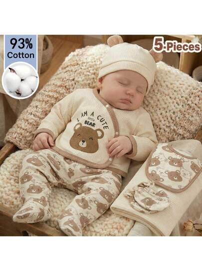 Loomiva 5pcs Newborn Baby Girl Cartoon Bear Pattern Knitted Soft Crew Neck Long Sleeve Pullover Top, Elastic Waist Pants, Hat, Gloves, Bib Set Baby Unisex Clothes Sets Baby Bear Outfit Newborn Baby Boy Clothes Set Newborn Boy Set