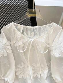 Franclia Women's Embroidered Decorative Short Sleeve Top - White - View 3