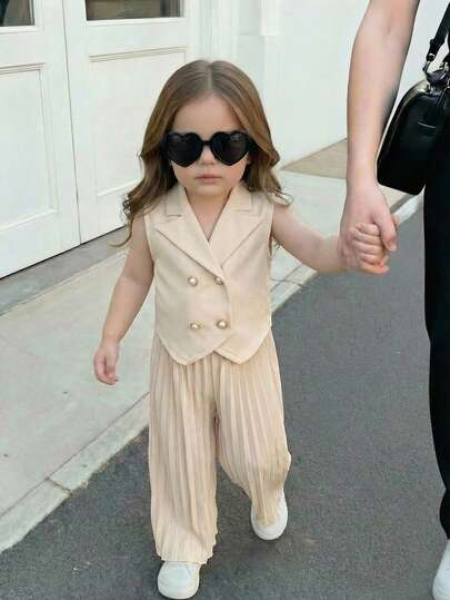 SHEIN 2件套女婴梭织纯色休闲衬衫和裤子套装