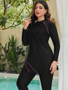 Swim Mulvari Burkini de manga larga y longitud media de unicolor con decoración bordada para mujer de talla grande - Negro - Ver 3