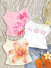 Bộ áo hai dây 3 món tối giản dành cho bé gái tuổi teen, màu nâu macaron thanh lịch cổ điển, họa tiết hoa nhiệt đới, hoa dâm bụt, hoa sứ, hoa ly, phong cách Millennium, Chill Chill, phong cách đường phố, thể thao thường ngày, dã ngoại ngoài trời, dạo chơi, phong cách đường phố, ở nhà, trường học, Chill Chill - Nhiều màu - Xem 1