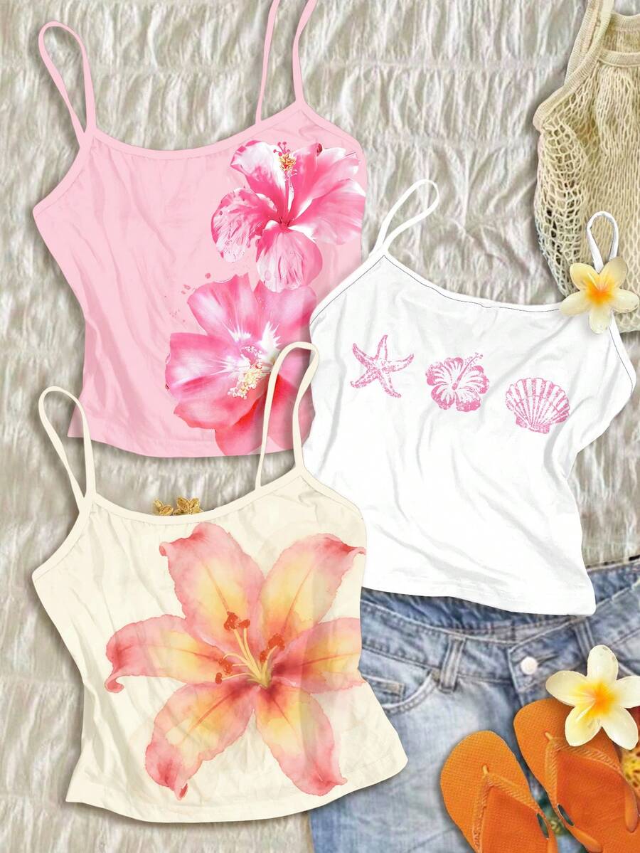 Bộ áo hai dây 3 món tối giản dành cho bé gái tuổi teen, màu nâu macaron thanh lịch cổ điển, họa tiết hoa nhiệt đới, hoa dâm bụt, hoa sứ, hoa ly, phong cách Millennium, Chill Chill, phong cách đường phố, thể thao thường ngày, dã ngoại ngoài trời, dạo chơi, phong cách đường phố, ở nhà, trường học, Chill Chill - Nhiều màu - Xem 1