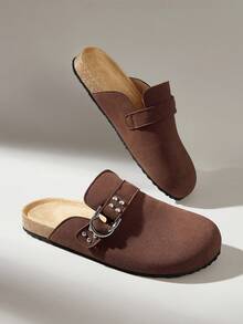 Solecia 女士新款半包式拖鞋，饰有铆钉，适合外出、居家、办公和休闲穿着 - 摩卡棕 - 查看 2