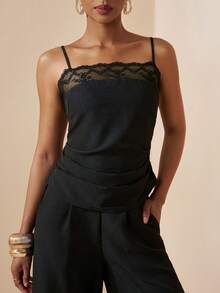 Zivah 春夏新款音乐节、复活节、圣帕特里克节、情人节、约会、西部风、游牧风、生日派对、毕业典礼、学院风、学生装、日常穿着、基础搭配、休闲装、度假、邮轮旅行、海滩、日光浴、爆款、街头风、婚礼宾客、通勤族、早午餐、机场、派对、假日郊游、办公装、黑色蕾丝边褶皱吊带上衣和长裤、带口袋的黑色亚麻西装 - 黑色 - 查看 2