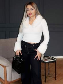 salliqueen Áo khoác cardigan tay dài màu đen cổ bẻ, tay dài, dáng ôm sát, màu đen, dành cho mùa thu/đông - trắng - Xem 3