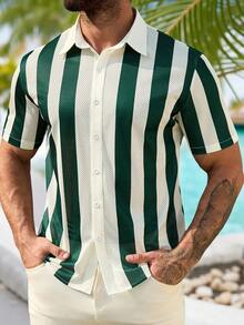 VENTUSAIL Camisa casual de manga corta de una sola hilera con rayas para hombre - Multicolor - Ver 3