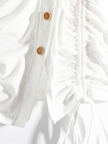 GlowEve Knitted Asymmetric Collar Button Oblique Placket Drop Shoulder Sleeve With Pleated Tie Bow Elegant Refined Commuter Casual T-Shirt Top For Women, White, Summer - White - View 6